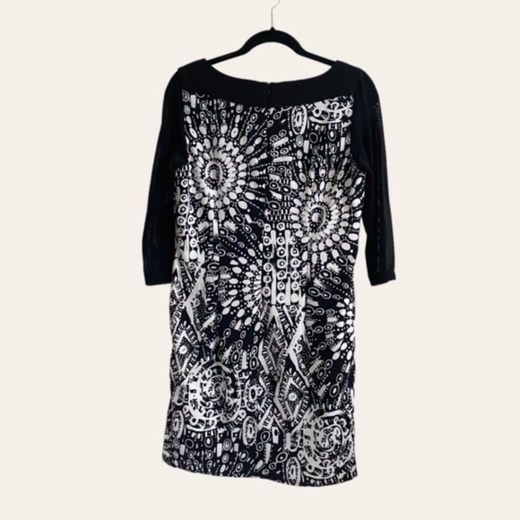 Connected Apparel Black White Dress Geometric Print Sheer 3/4 Sleeves, Size L - Picture 4 of 10